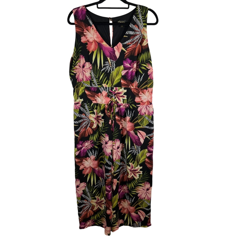 Thalia‎ Sodi Tropical Floral Wide Leg Jumpsuit XL Black Pink Hibiscus Sleeveless